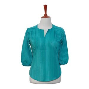 Womens Blouse Turquoise Striped 3/4 Sleeve V-Neck Relaxed Loose Casual Top Large